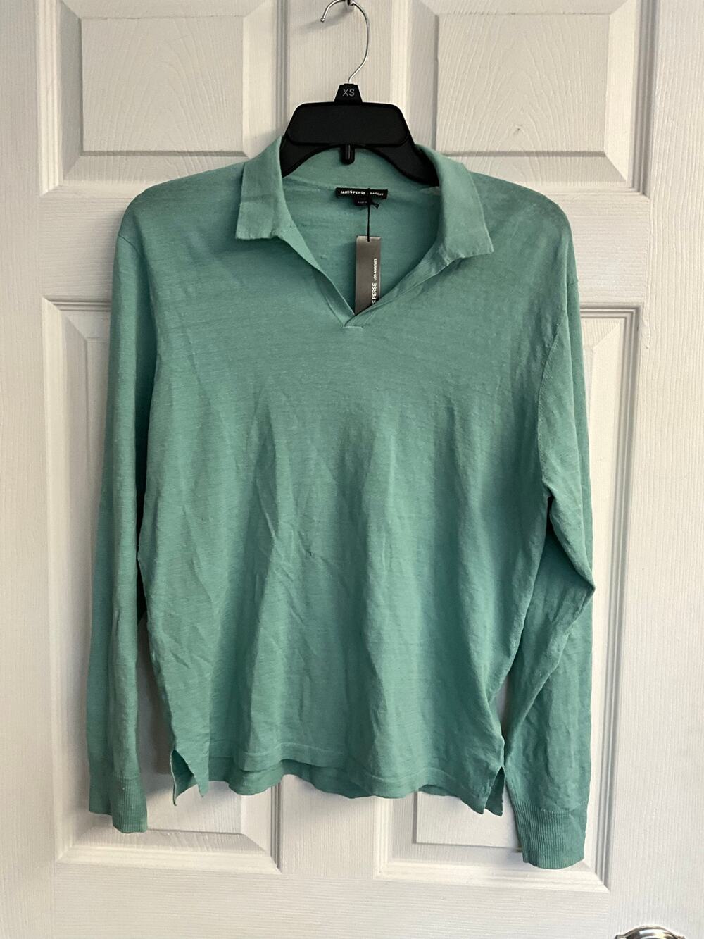 James Perse Linen Long Sleeve Polo Sweater Green